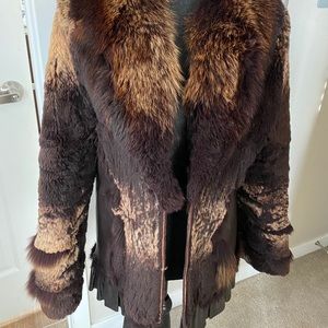 Blue duck, leather, fox fur, rabbit jacket small
